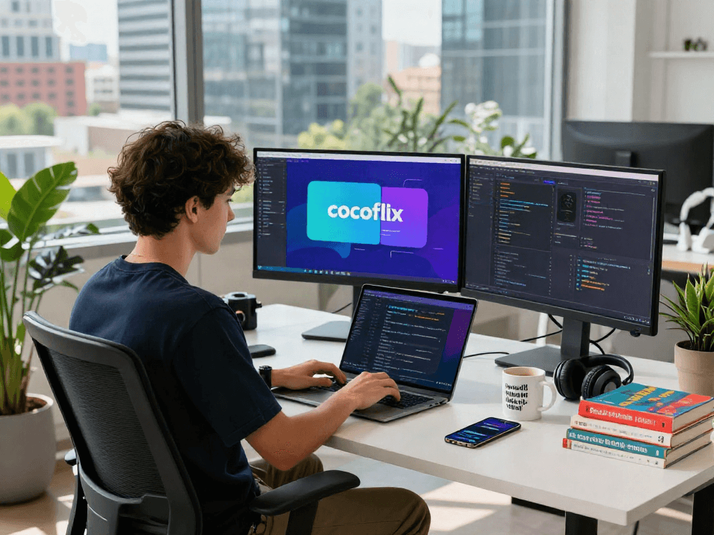 The cocoflix app displayed on multiple screens in a modern tech workspace with a developer focused on coding.
