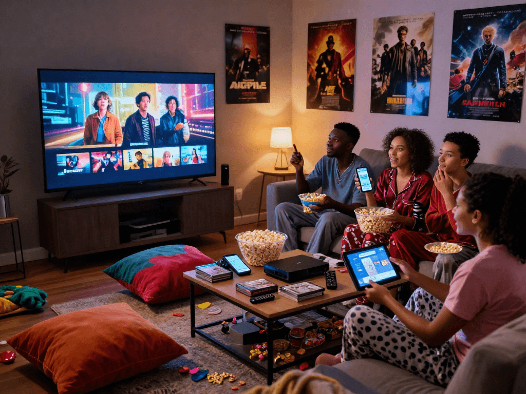 Cozy living room scene with friends enjoying movie streaming on the Moviebox app, surrounded by snacks and tech gadgets.