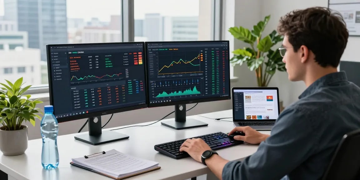 XXKK Exchange trading interface on monitors in a modern cryptocurrency workspace, highlighting secure digital wallet management and real-time market data.